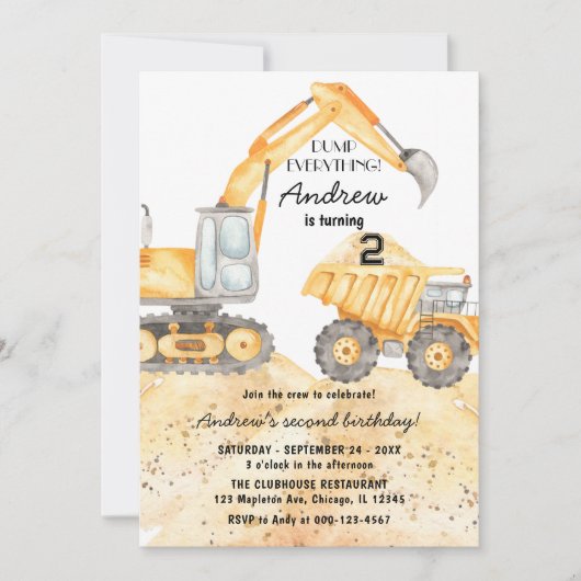 Invitation Construction Camions Thème Anniversaire Fête (Devant)