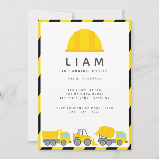 Invitation Construction Camions Thème Anniversaire Fête (Devant)