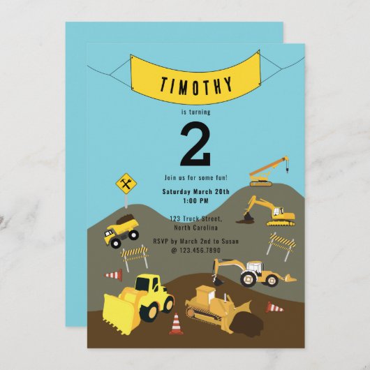 Invitation Construction Camions Thème du site Anniversaire Fê (Devant / Derrière)