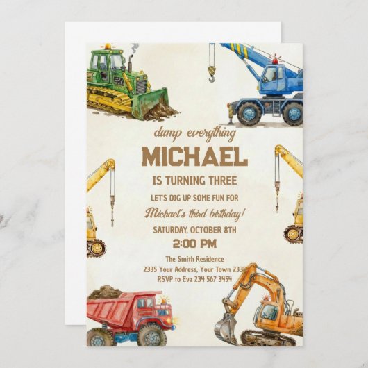 Invitation Construction Dump Everything Truck 3rd birthday (Devant / Derrière)