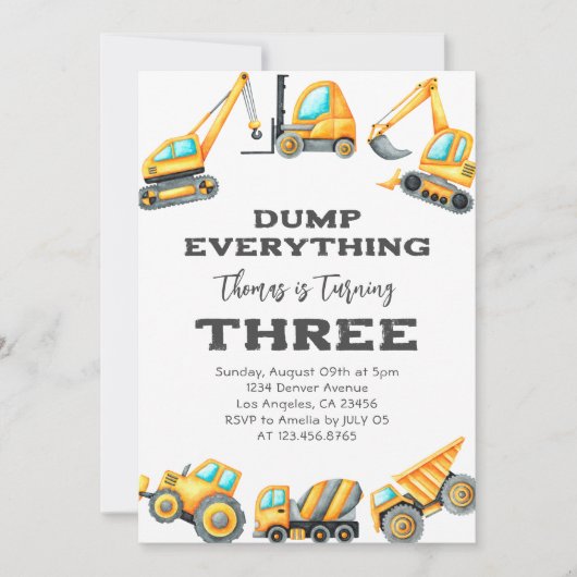 Invitation Construction Dump Tout Camion 3e anniversaire (Devant)