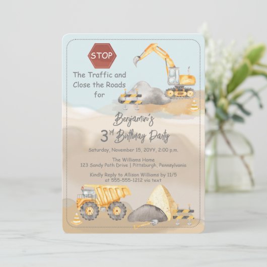 Invitation Construction Dump Truck Boy 3e fête d'anniversaire (Debout devant)