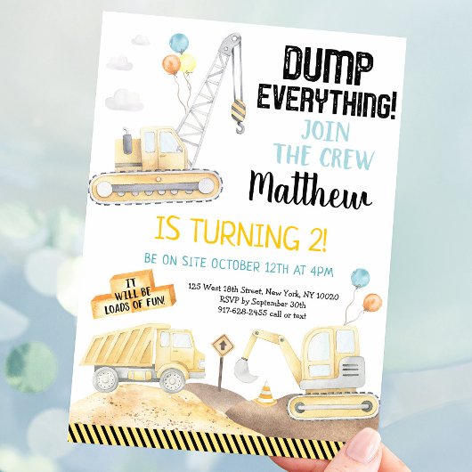 Invitation Construction Dump Truck Digger Second Birthday
