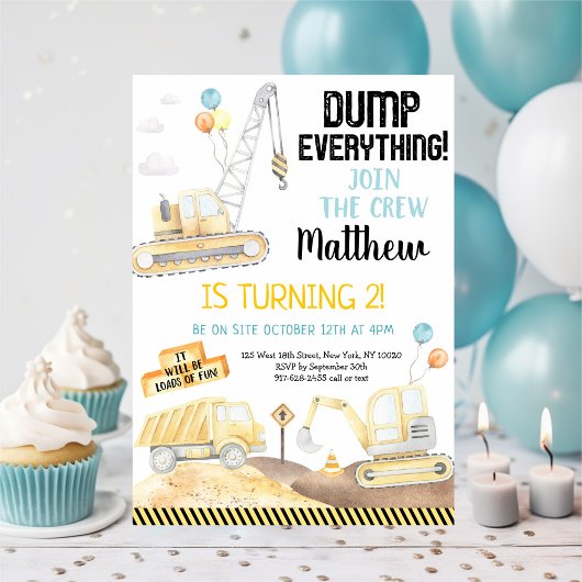 Invitation Construction Dump Truck Digger Second Birthday