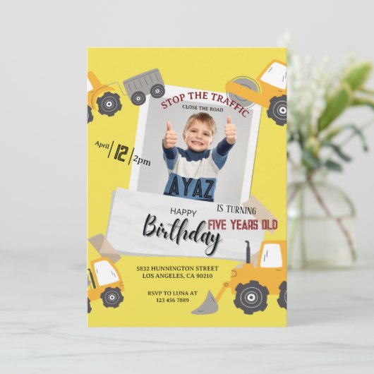 Invitation Construction Dump Truck Party Boy Birthday  (Debout devant)