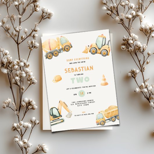Invitation Construction Dump Truck Theme 2nd Birthday