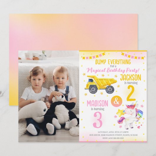Invitation Construction et frères Licorne Célébration d'anniv (Devant / Derrière)