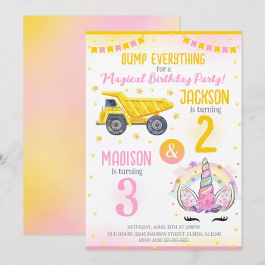 Invitation Construction et frères Licorne Célébration d'anniv (Devant / Derrière)