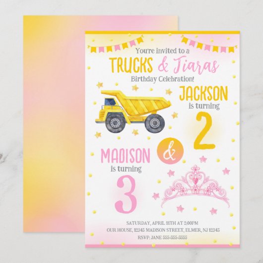 Invitation Construction et Princesse Anniversaire commun des (Devant / Derrière)