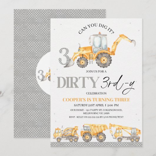 Invitation Construction gris jaune foncé 3e anniversaire 3e a (Devant / Derrière)