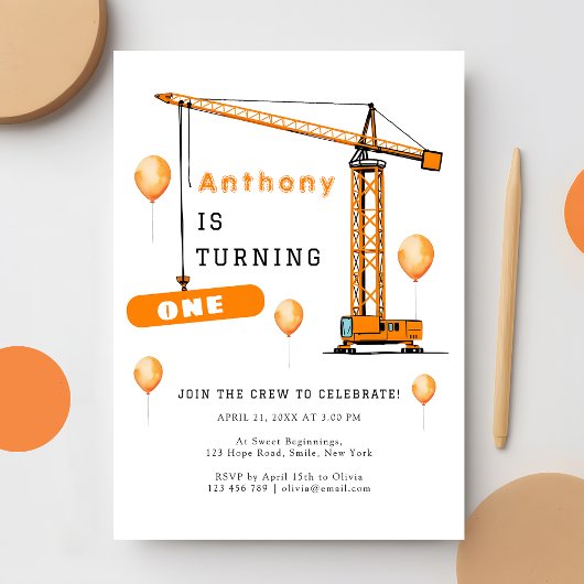 Invitation Construction Grue Enfants et adultes Anniversaire