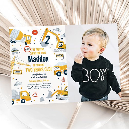 Invitation Construction Jaune Camion Digger Garçon Anniversai