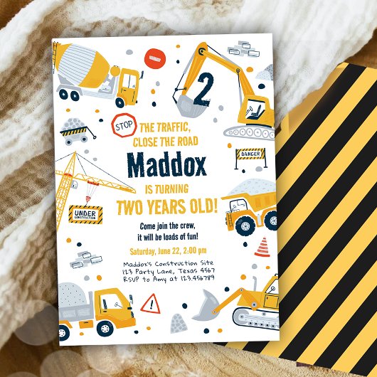 Invitation Construction Jaune Camion Digger Garçon Anniversai