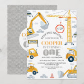 Invitation Construction Jaune Gris Moderne 1er Anniversaire (Devant / Derrière)