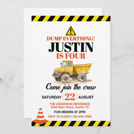 Invitation Construction mignonne N'importe quel âge fête d'an (Devant / Derrière)