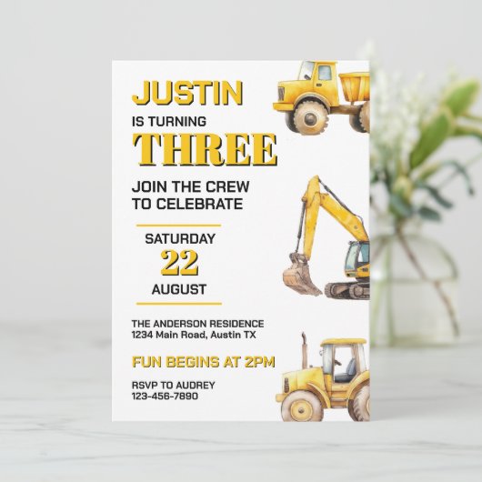 Invitation Construction mignonne N'importe quel âge fête d'an (Debout devant)