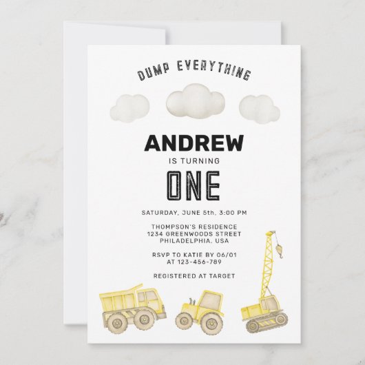 Invitation Construction moderne mignonne premier anniversaire (Devant)