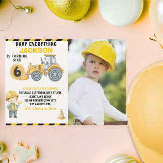 Invitation Construction Photo Birthday Turning 6 yellow