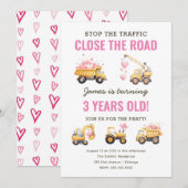 Invitation Construction Pink Truck Coeur Anniversaire Invitat (Devant / Derrière)