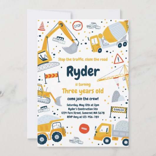 Invitation Construction Site Dump Truck Digger Birthday Party (Devant)