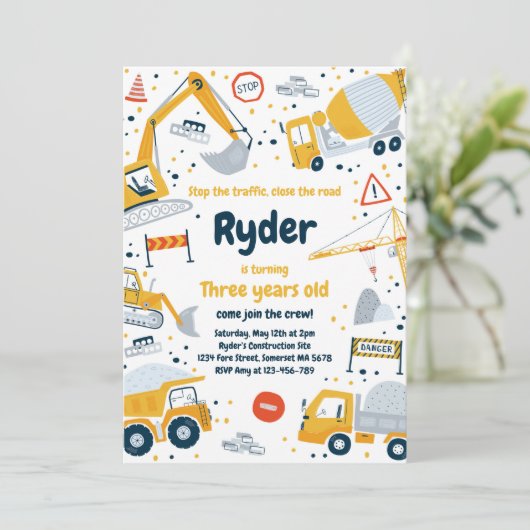 Invitation Construction Site Dump Truck Digger Birthday Party (Debout devant)