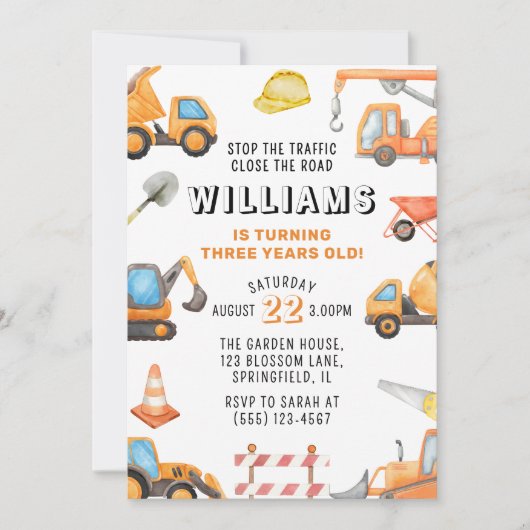 Invitation Construction Thème 3ème fête d'anniversaire (Devant)