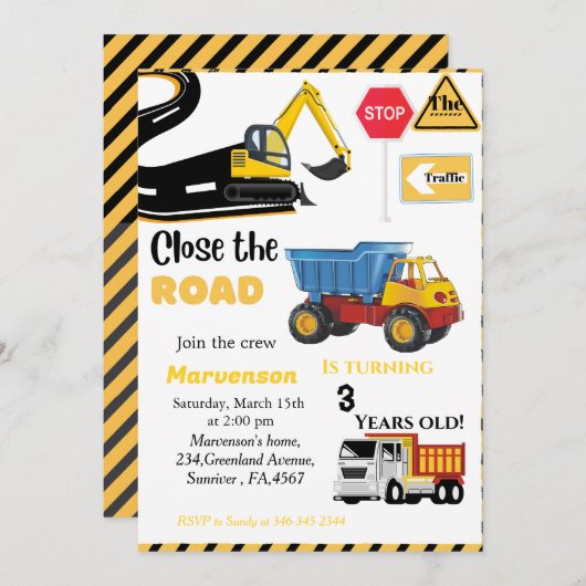 Invitation Construction Thème garçon fête d'anniversaire Cami (Devant / Derrière)