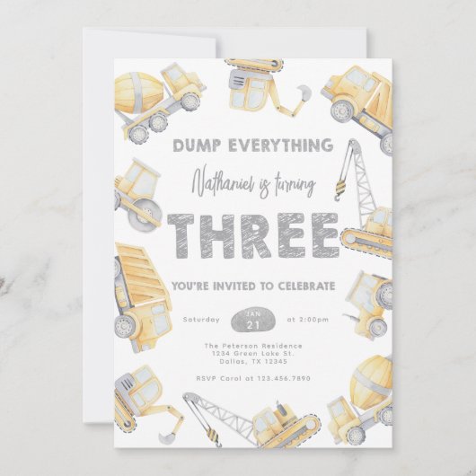 Invitation Construction THREE 3rd Birthday Party (Devant)