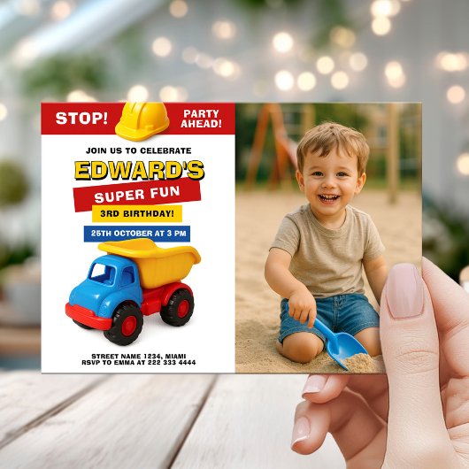 Invitation Construction Truck Birthday with photo