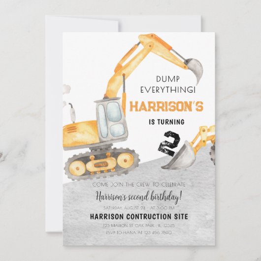 Invitation Construction Truck Digger 2e anniversaire (Devant)