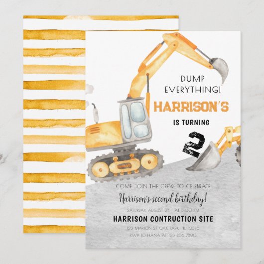 Invitation Construction Truck Digger 2e anniversaire (Devant / Derrière)