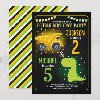 Invitation Construction Truck Dinosaur Sibling Joint Birthday