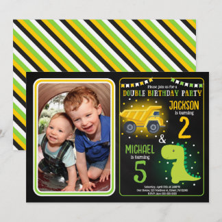 Invitation Construction Truck Dinosaur Sibling Photo Birthday