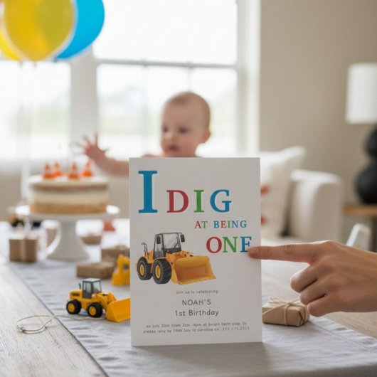 Invitation Construction Truck 'I Dig Being One' Birthday 