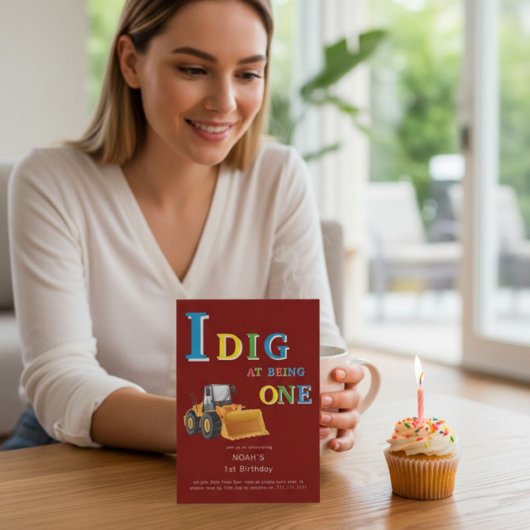 Invitation Construction Truck 'I Dig Being One' Birthday 