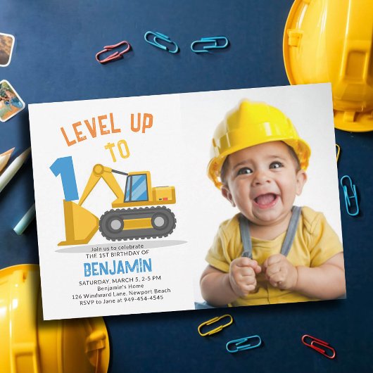 Invitation Construction Truck Level Up Photo Boy 1er annivers