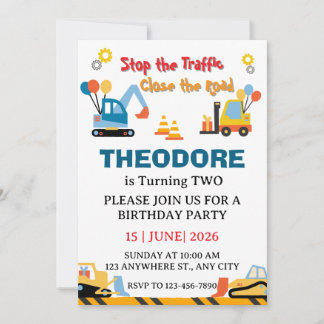 Invitation Construction Truck Vehicles Boys 2nd Birthday