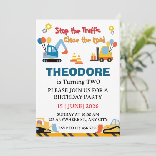 Invitation Construction Truck Vehicles Boys 2nd Birthday (Debout devant)