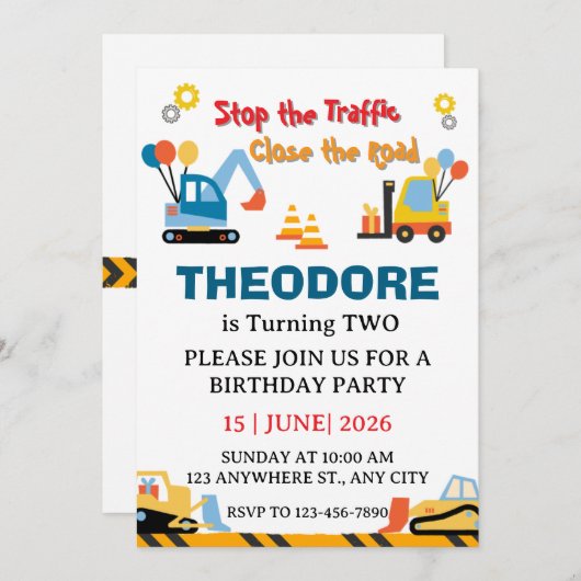 Invitation Construction Truck Vehicles Boys 2nd Birthday (Devant / Derrière)