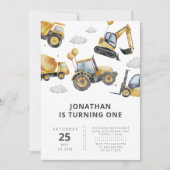 Invitation Construction Trucks Boy 1st Birthday Party (Devant)