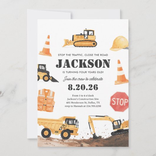 Invitation Construction Trucks Boy Birthday (Devant)