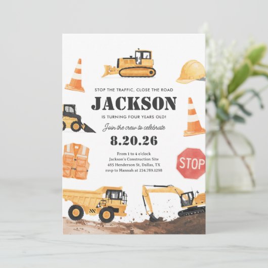 Invitation Construction Trucks Boy Birthday (Debout devant)