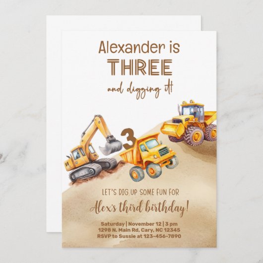 Invitation Construction trucks boy birthday invitation. (Devant / Derrière)