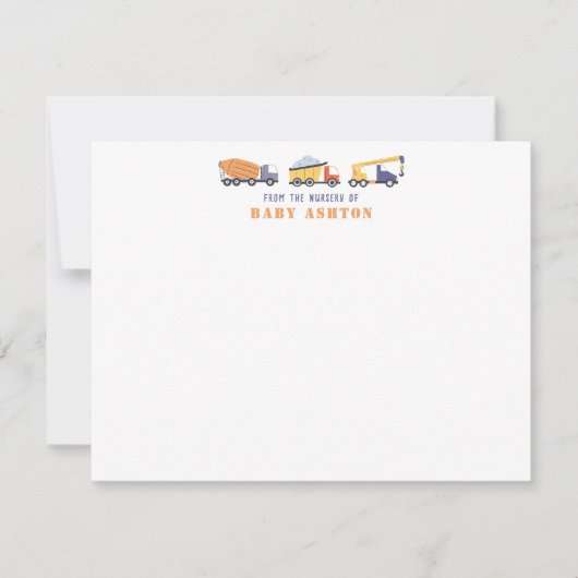 Invitation Construction Trucks Nursery Note Card (Devant)