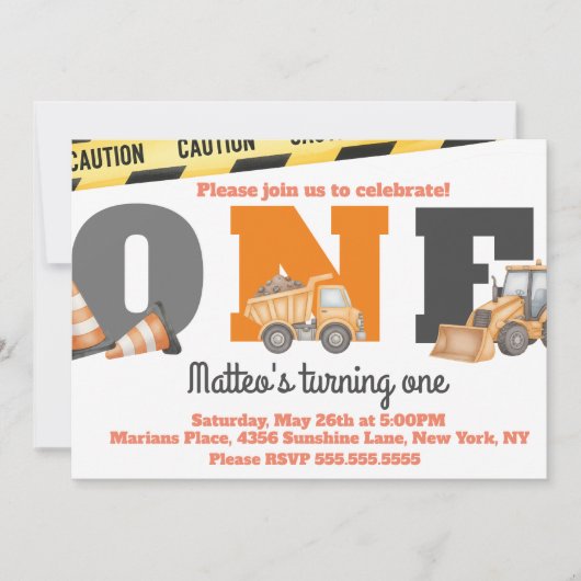 Invitation Construction Vehicles First Birthday Dump Truck (Devant)