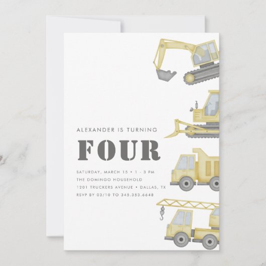 Invitation Construction Véhicules de Camion garçons 4e annive (Devant)