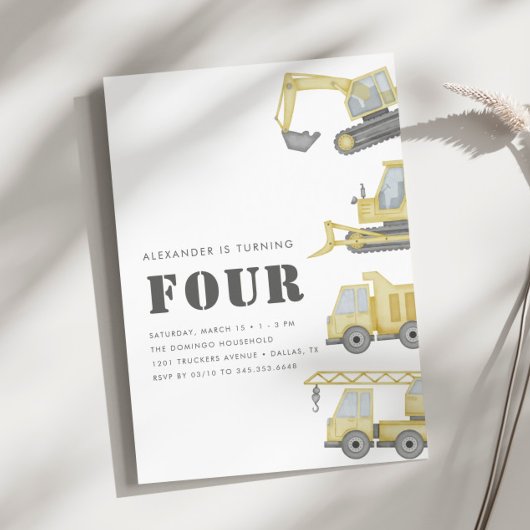 Invitation Construction Véhicules de Camion garçons 4e annive