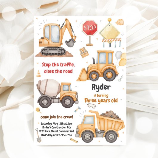 Invitation Constructions Dump Truck Excavator Boy Birthday