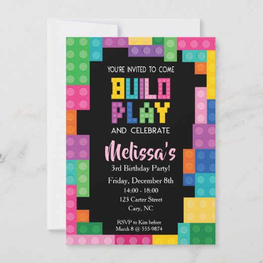 Invitation Construire des briques Fête d'anniversaire Filles (Devant)