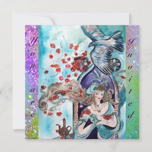 Invitation CONTE DE FÉE TURC ,rouge vif bleu violet étincelle (Devant)